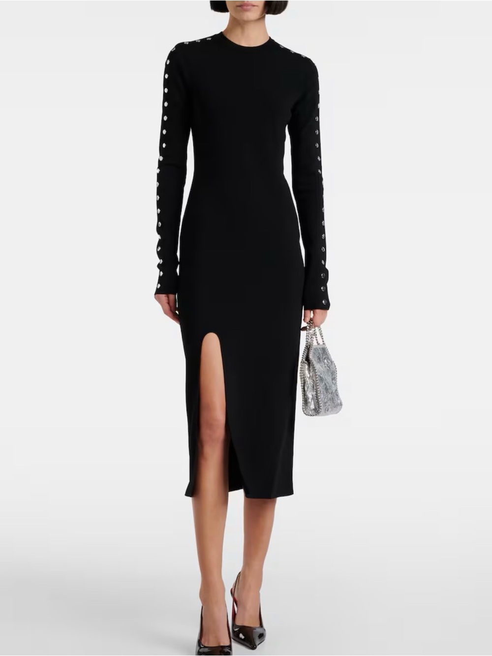 Stella McCartney Black Long-Sleeve Knitted Midi Dress with Studded Detail - Picture 1 of 7